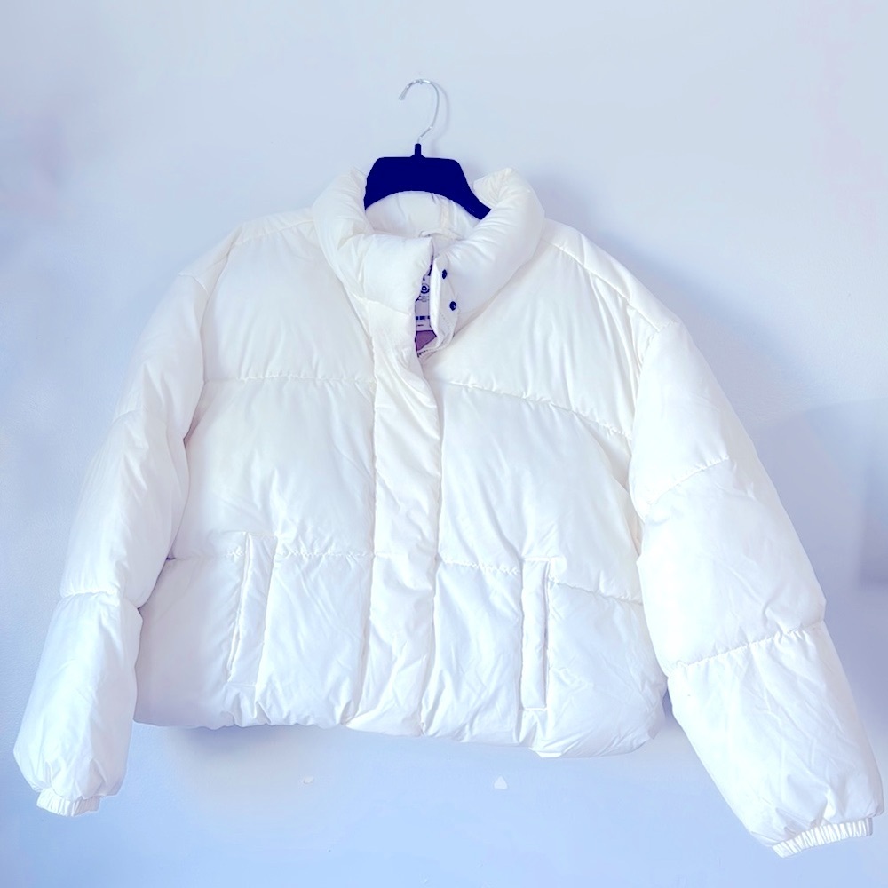 Amazon Essentials Crop Off White Puffer Jacket Size 3X Zipper Snap Closure